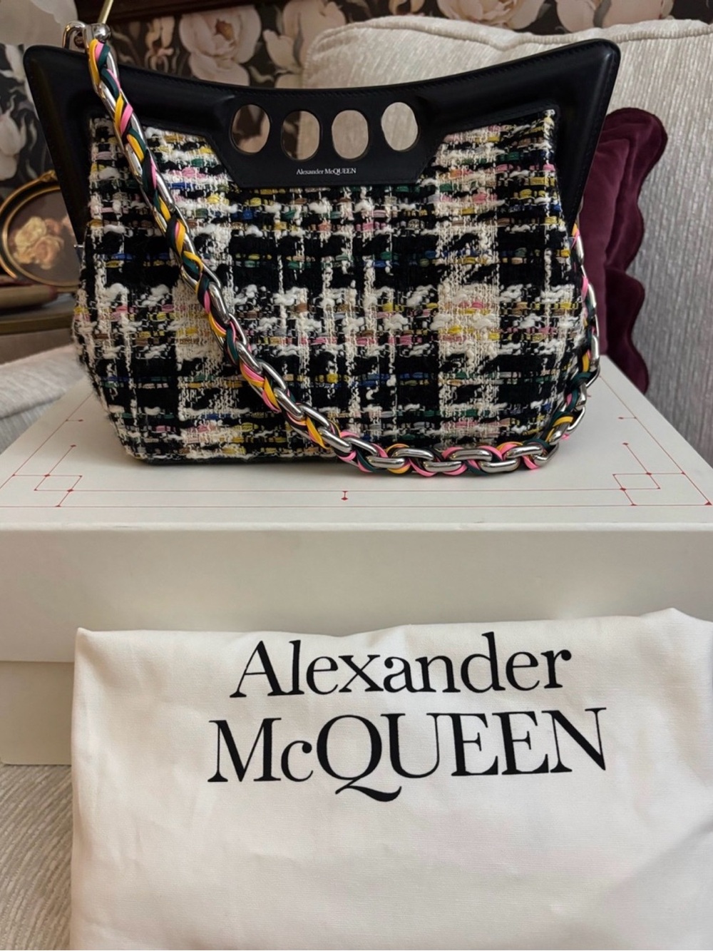 Alexander McQueen Small Peak Shoulder Bag Tweed Leather Multicolor Chain